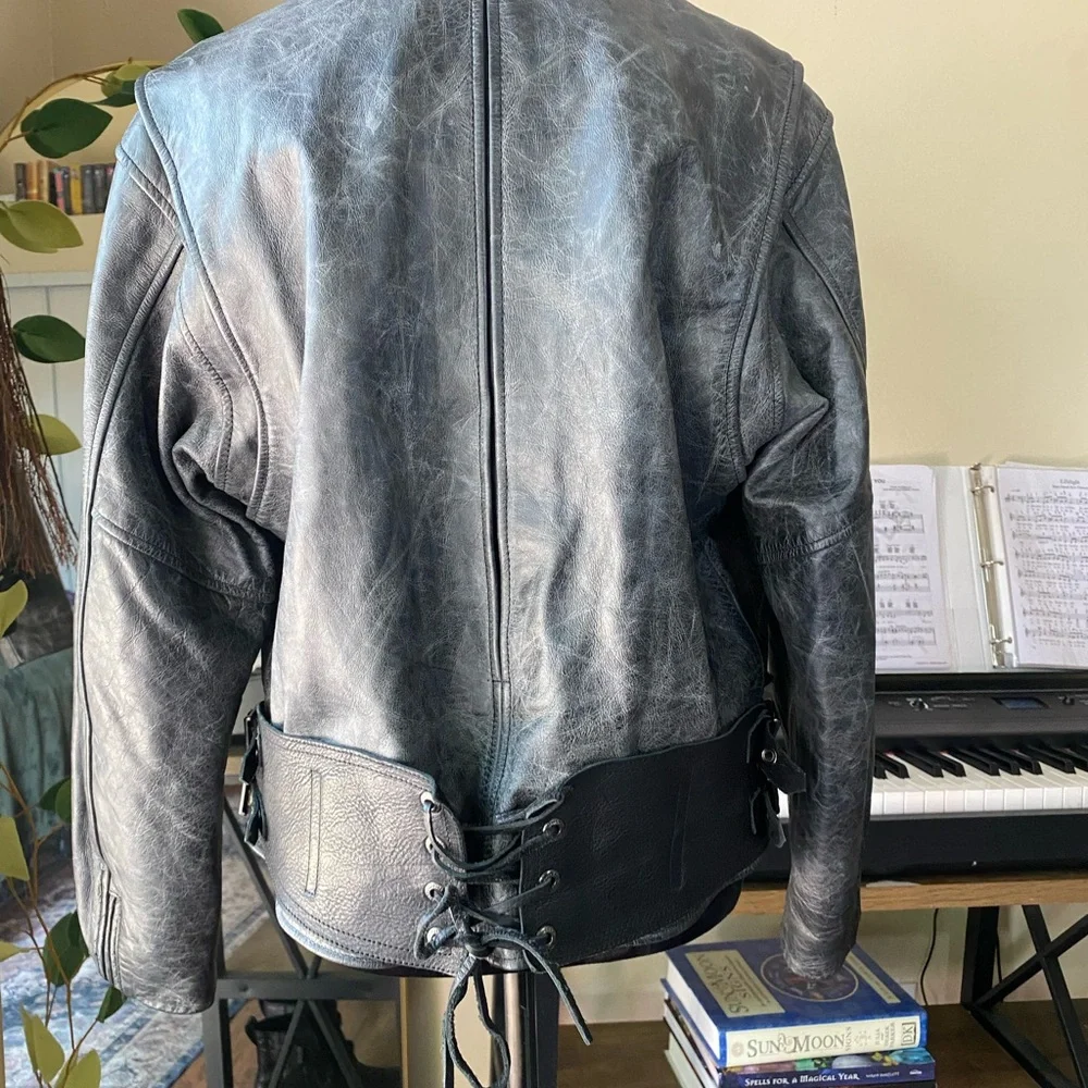 Womens distressed Harley Davidson leather moto jacket corset belt grey marled l - Picture 9 of 16
